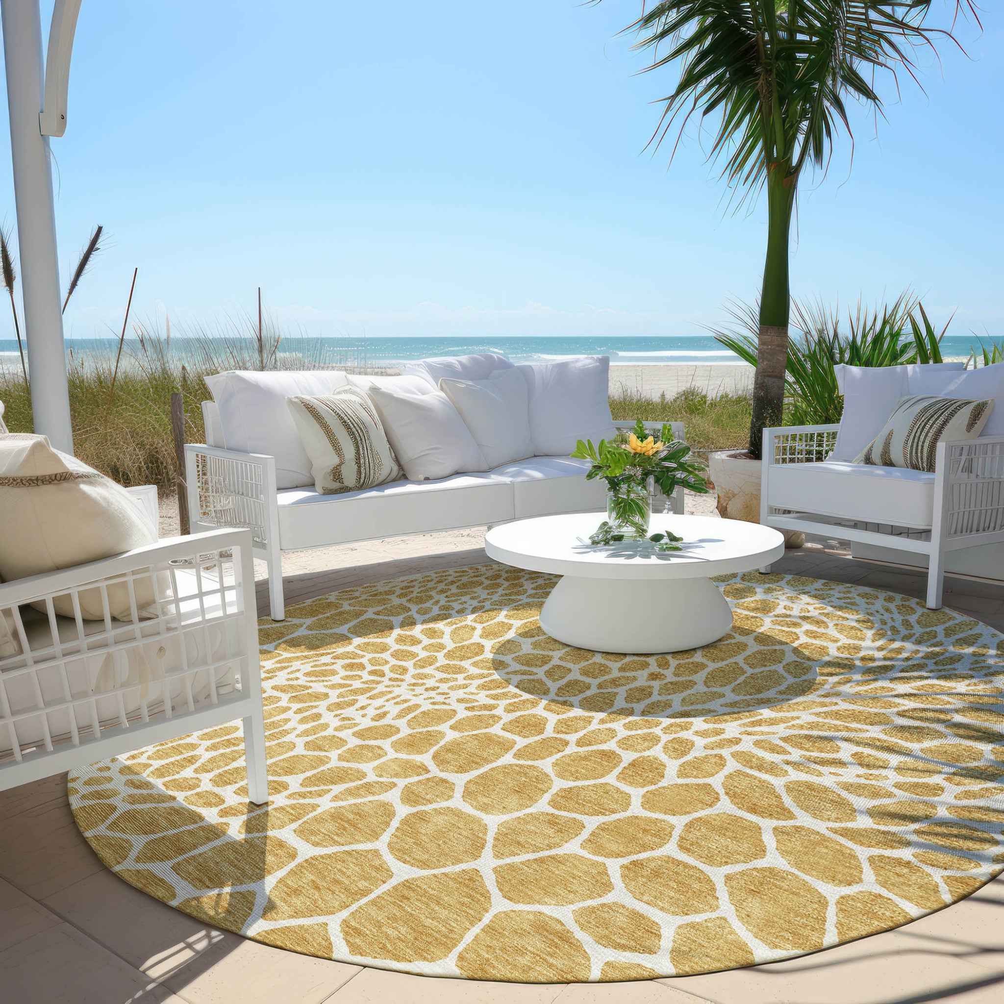 8' Gold And Ivory Round Geometric Washable Indoor Outdoor Area Rug