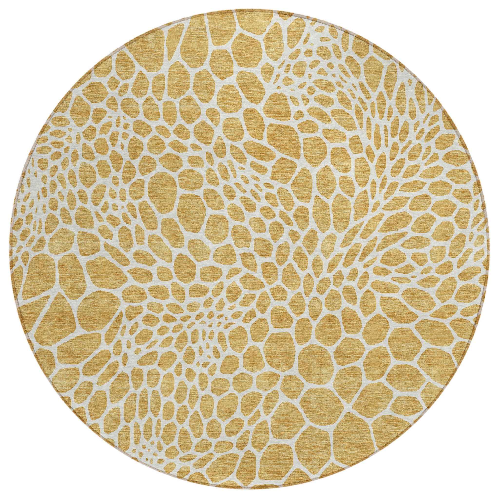 8' Gold And Ivory Round Geometric Washable Indoor Outdoor Area Rug