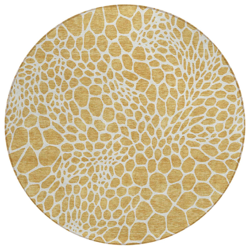 8' Gold And Ivory Round Geometric Washable Indoor Outdoor Area Rug