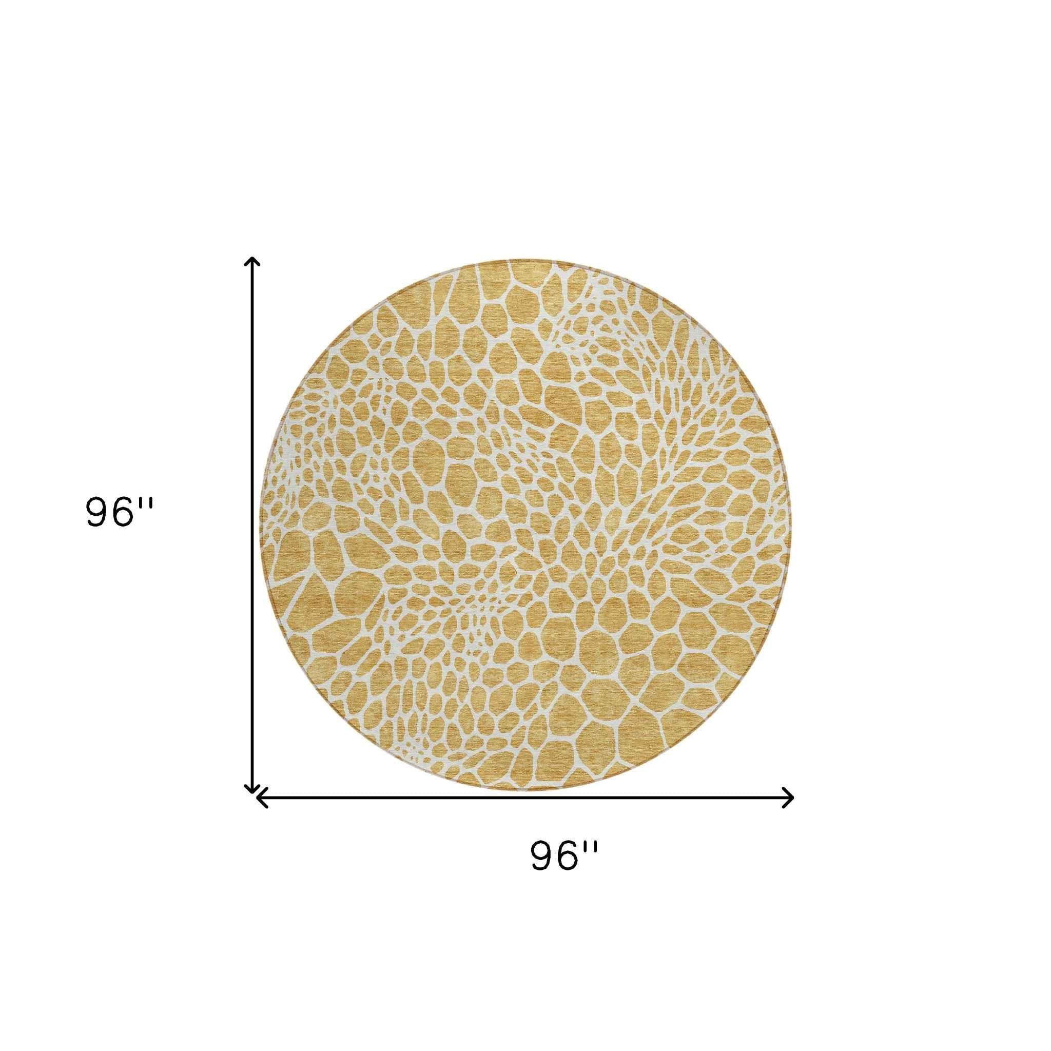 8' Gold And Ivory Round Geometric Washable Indoor Outdoor Area Rug