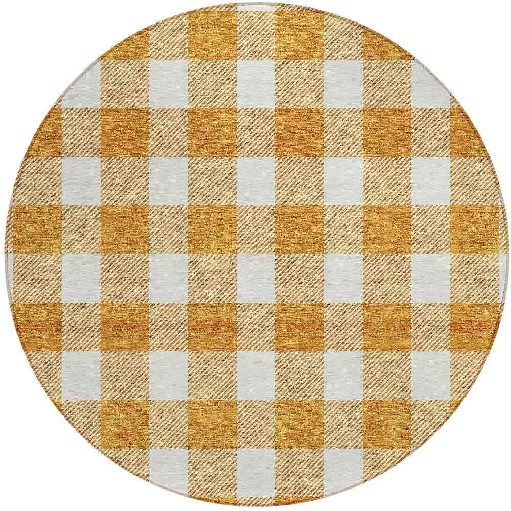 8' Orange And Beige Round Plaid Washable Indoor Outdoor Area Rug