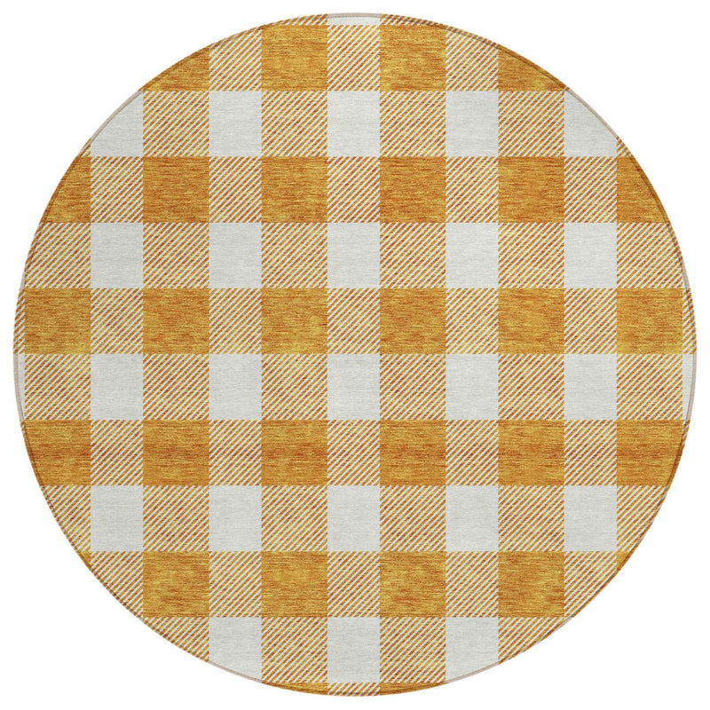 8' Orange And Beige Round Plaid Washable Indoor Outdoor Area Rug