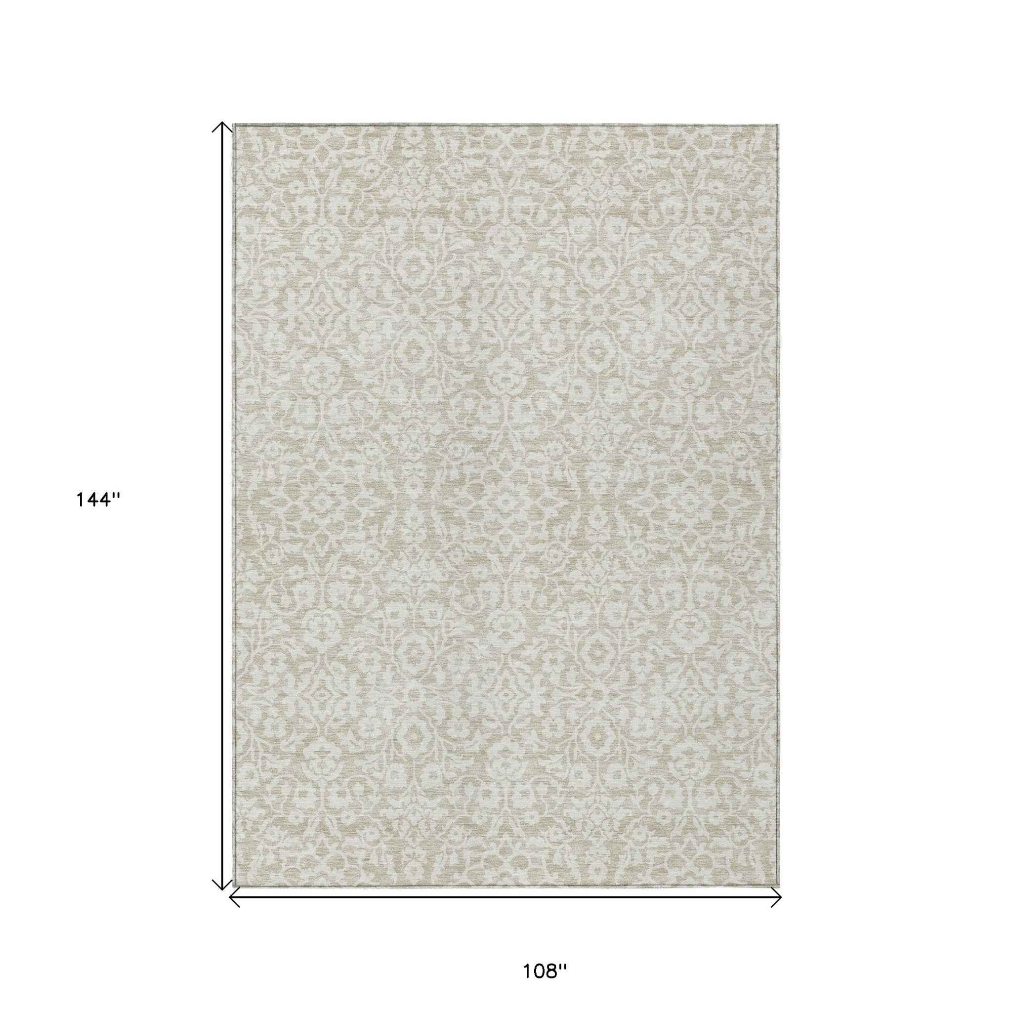 9' X 12' Beige And Ivory Damask Washable Indoor Outdoor Area Rug