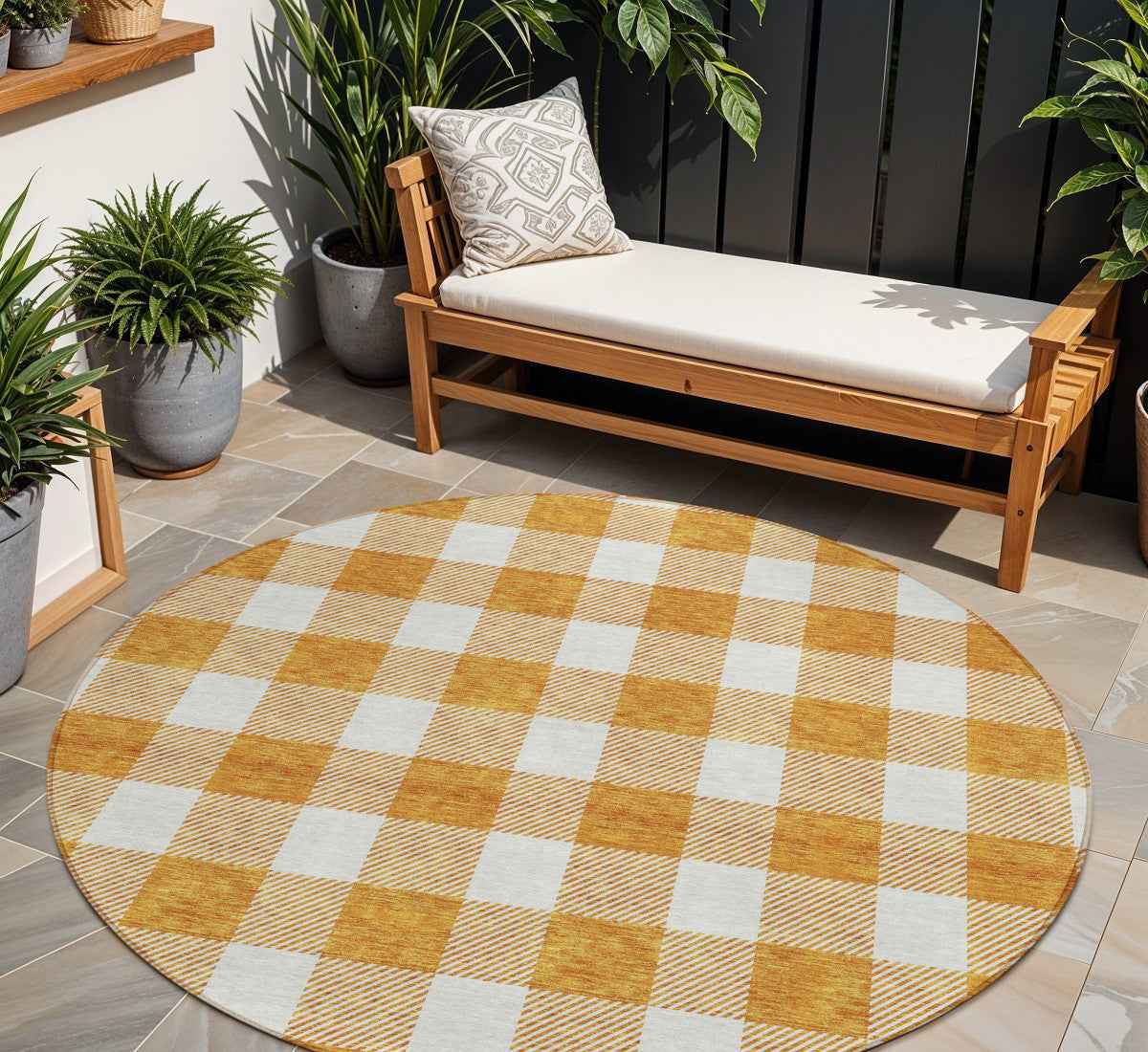 8' Orange And Beige Round Plaid Washable Indoor Outdoor Area Rug