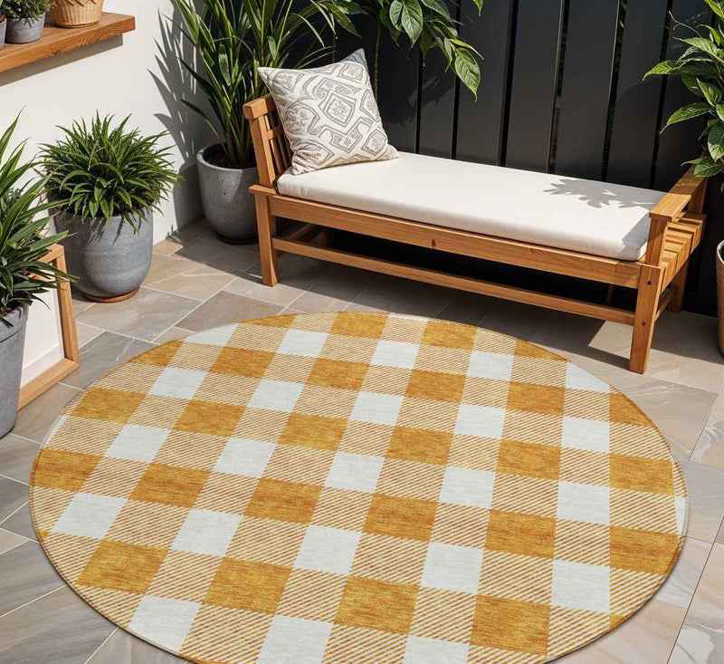 8' Orange And Beige Round Plaid Washable Indoor Outdoor Area Rug