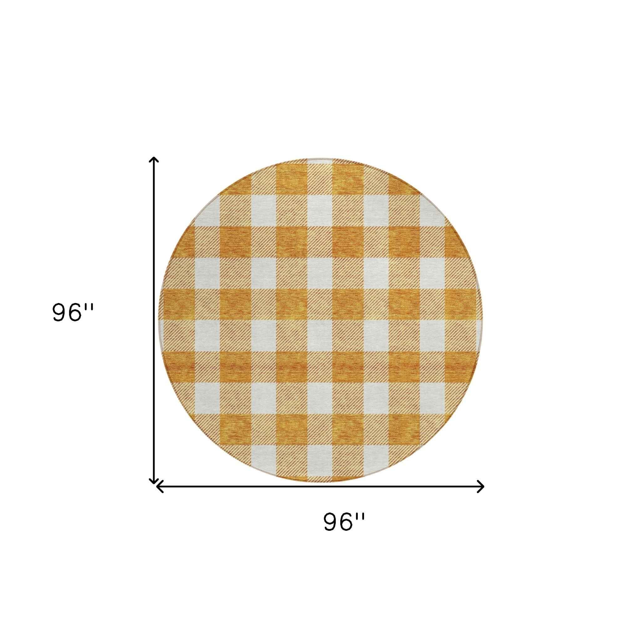 8' Orange And Beige Round Plaid Washable Indoor Outdoor Area Rug