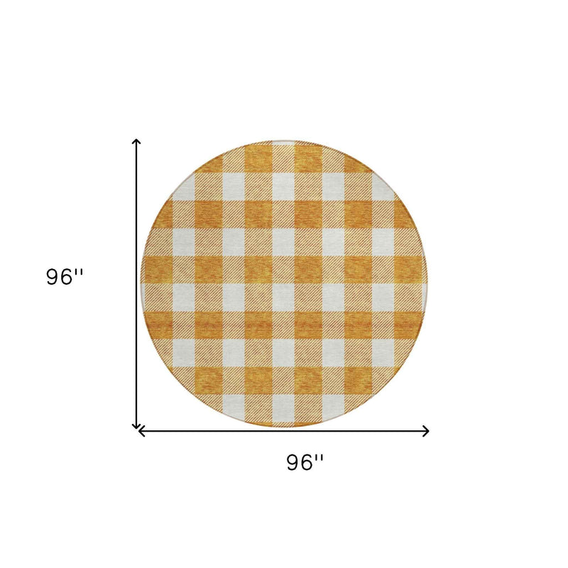 8' Orange And Beige Round Plaid Washable Indoor Outdoor Area Rug
