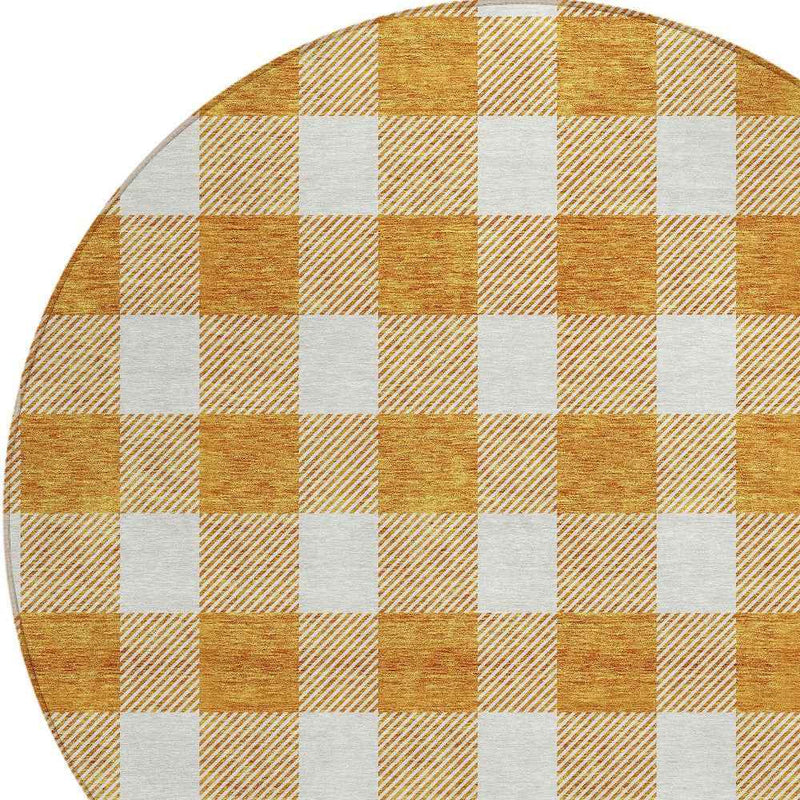 8' Orange And Beige Round Plaid Washable Indoor Outdoor Area Rug