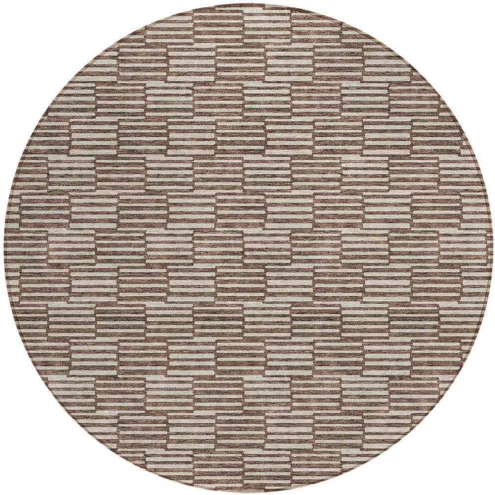 8' Brown And Beige Round Geometric Washable Indoor Outdoor Area Rug
