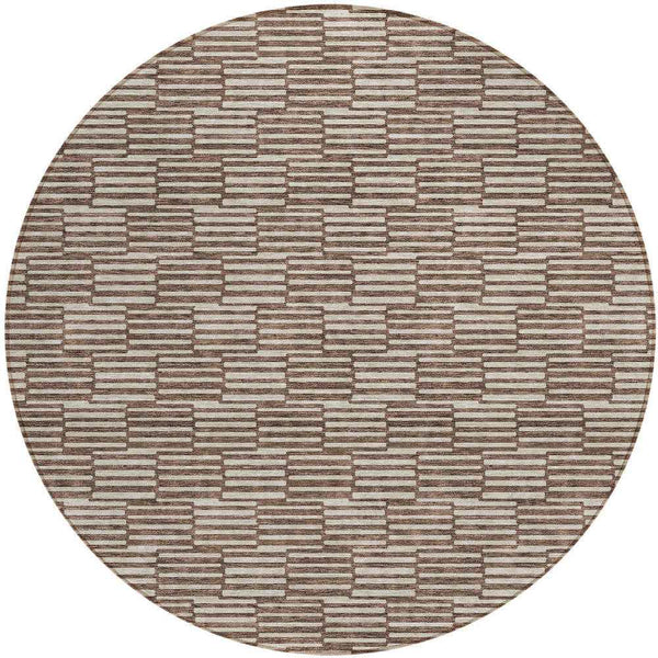 8' Brown And Beige Round Geometric Washable Indoor Outdoor Area Rug