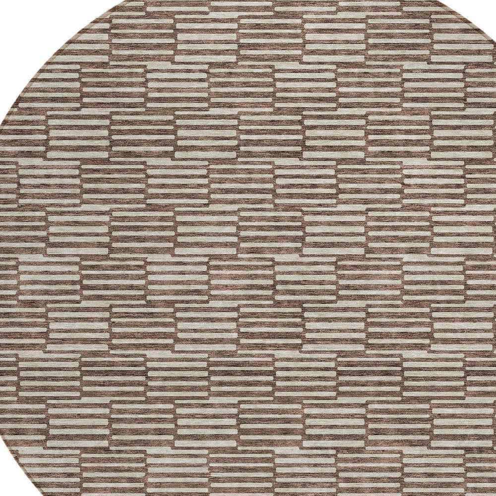 8' Brown And Beige Round Geometric Washable Indoor Outdoor Area Rug