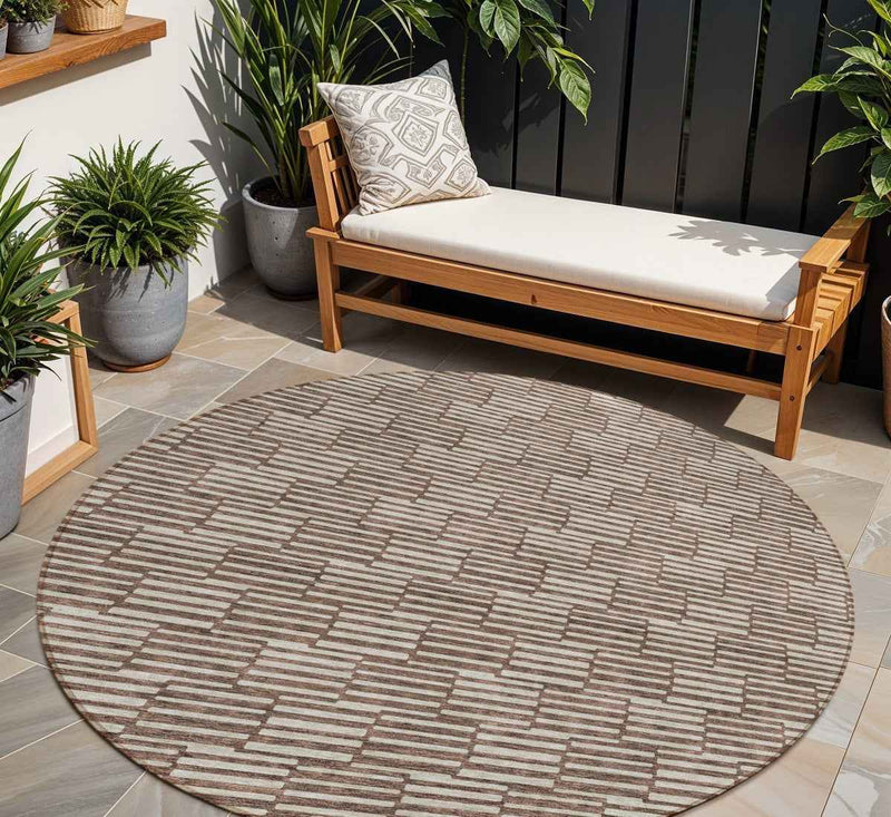 8' Brown And Beige Round Geometric Washable Indoor Outdoor Area Rug
