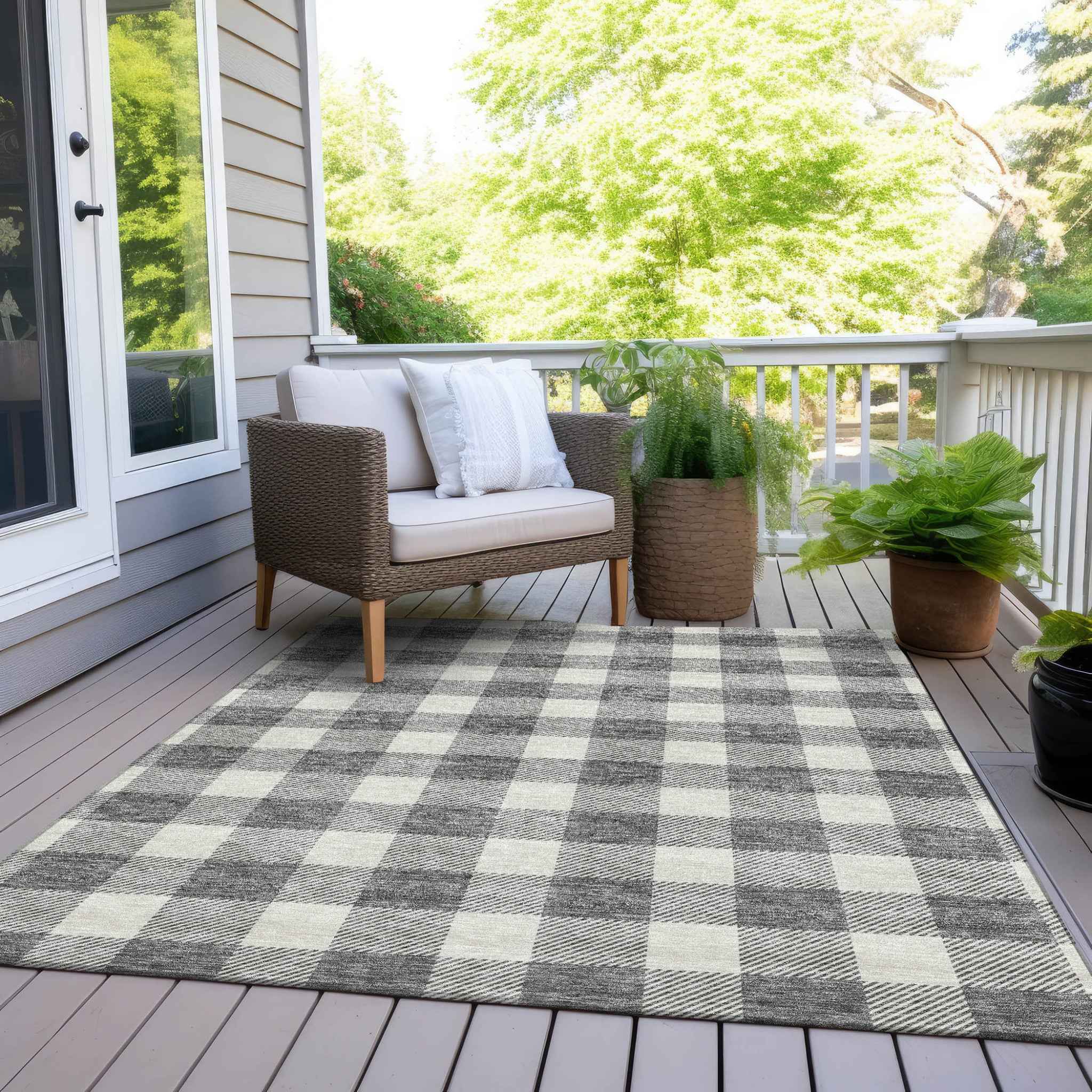 9' X 12' Gray And Charcoal Plaid Washable Indoor Outdoor Area Rug