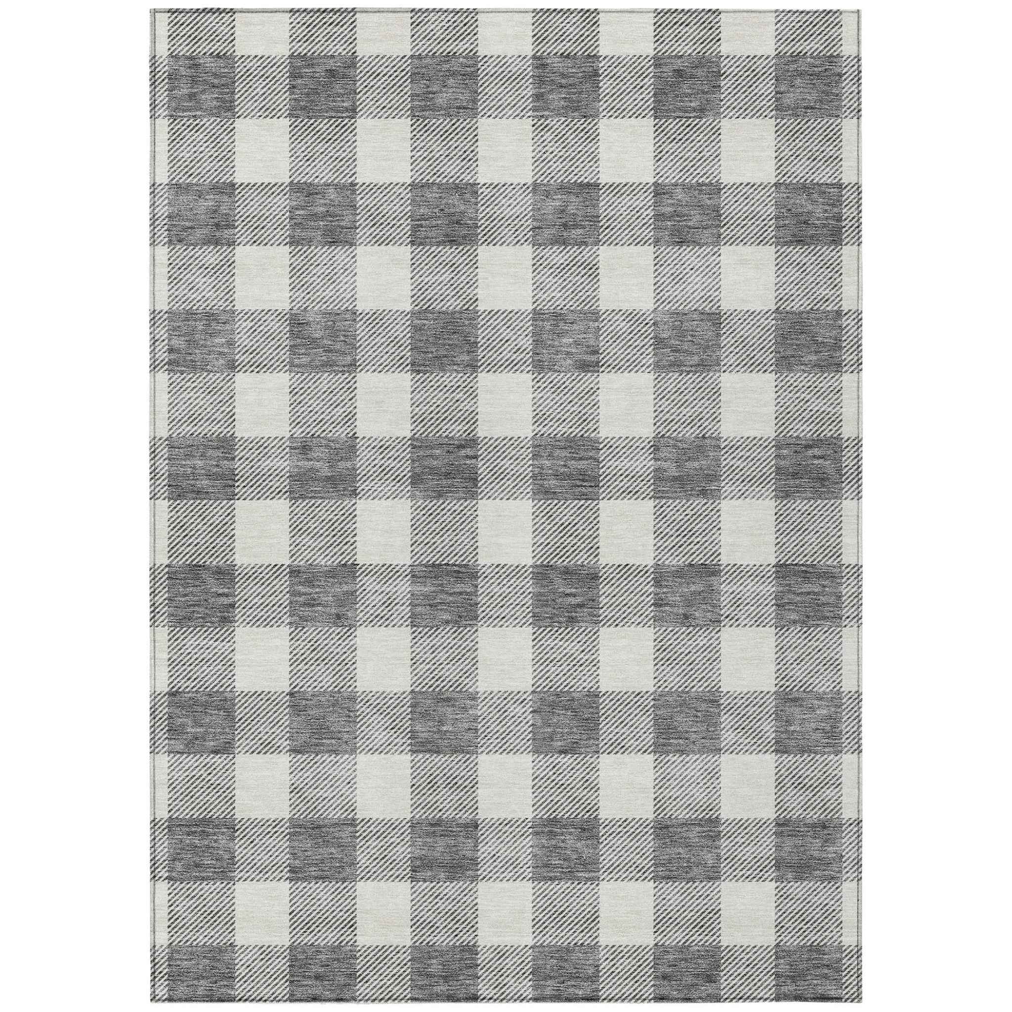 9' X 12' Gray And Charcoal Plaid Washable Indoor Outdoor Area Rug