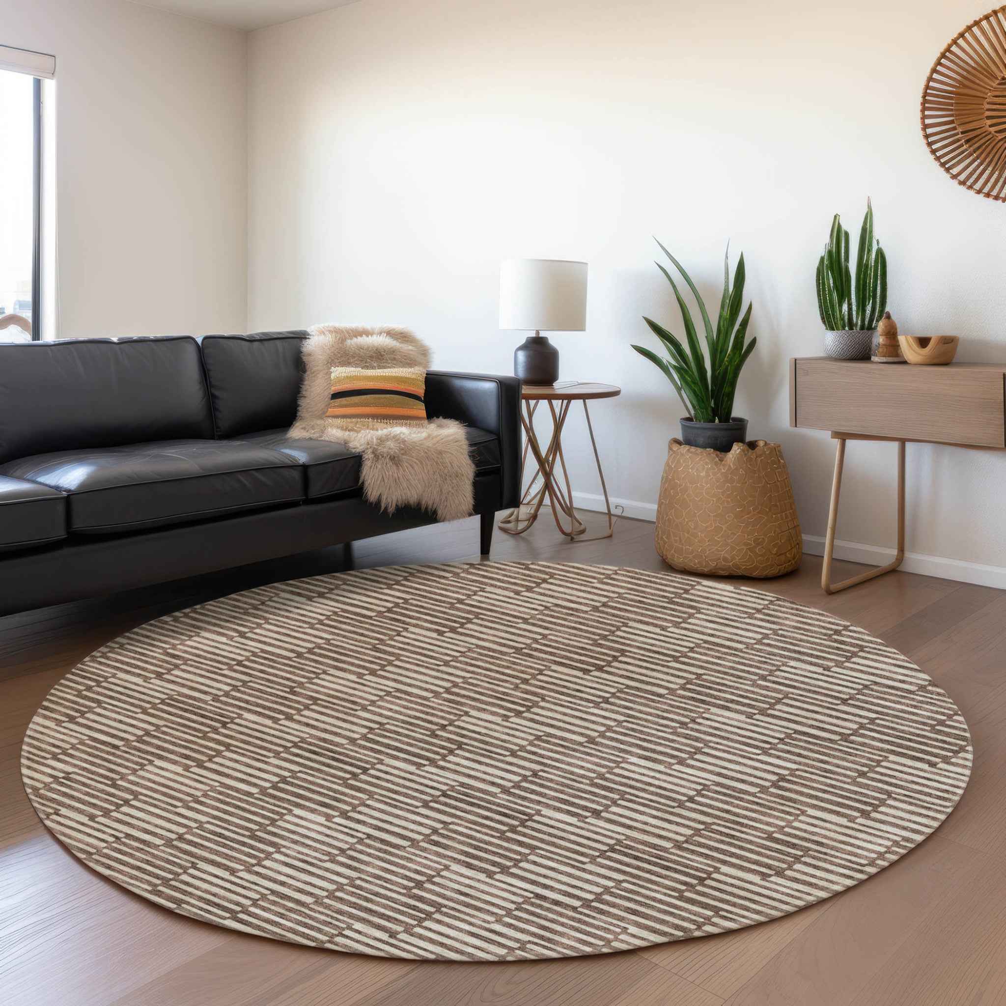 8' Brown And Beige Round Geometric Washable Indoor Outdoor Area Rug