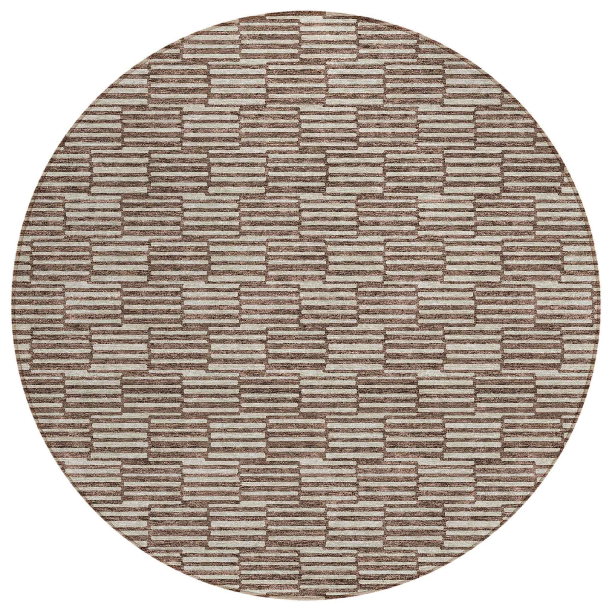 8' Brown And Beige Round Geometric Washable Indoor Outdoor Area Rug