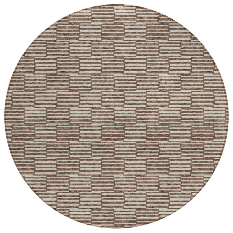 8' Brown And Beige Round Geometric Washable Indoor Outdoor Area Rug