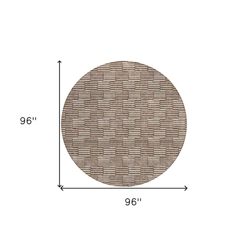 8' Brown And Beige Round Geometric Washable Indoor Outdoor Area Rug