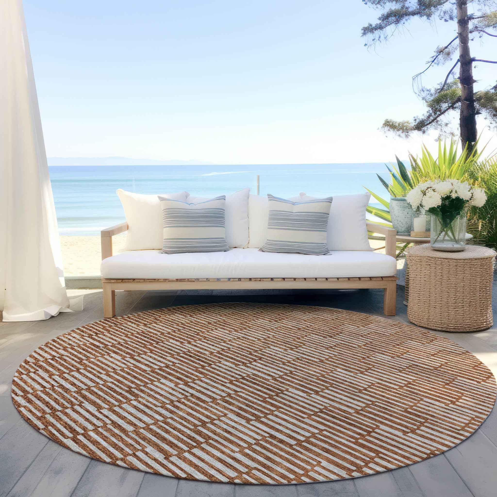 8' Copper And Beige Round Geometric Washable Indoor Outdoor Area Rug