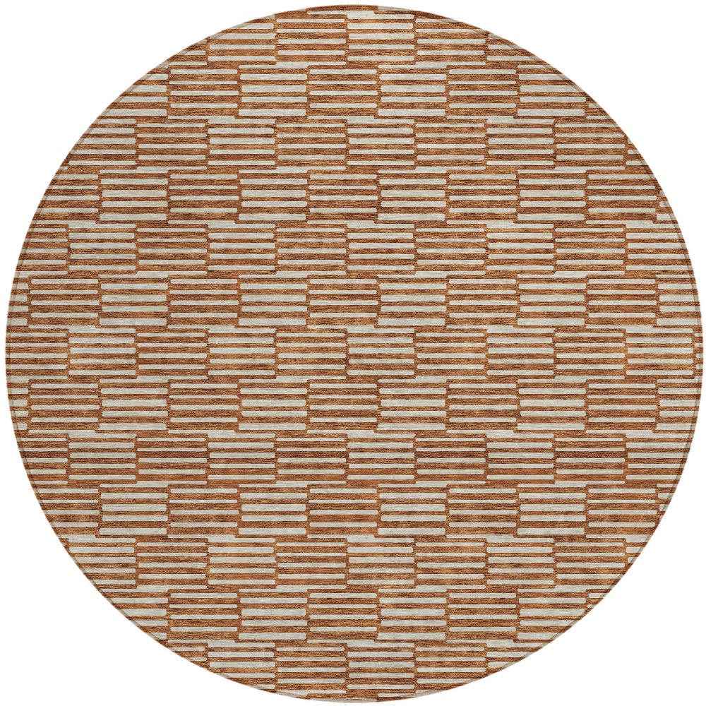 8' Copper And Beige Round Geometric Washable Indoor Outdoor Area Rug