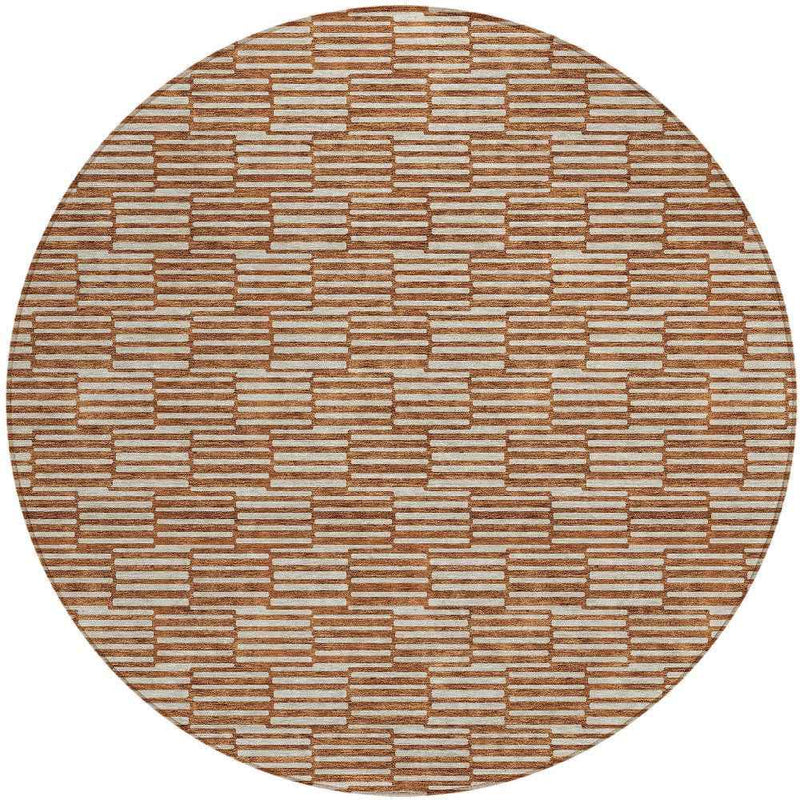8' Copper And Beige Round Geometric Washable Indoor Outdoor Area Rug