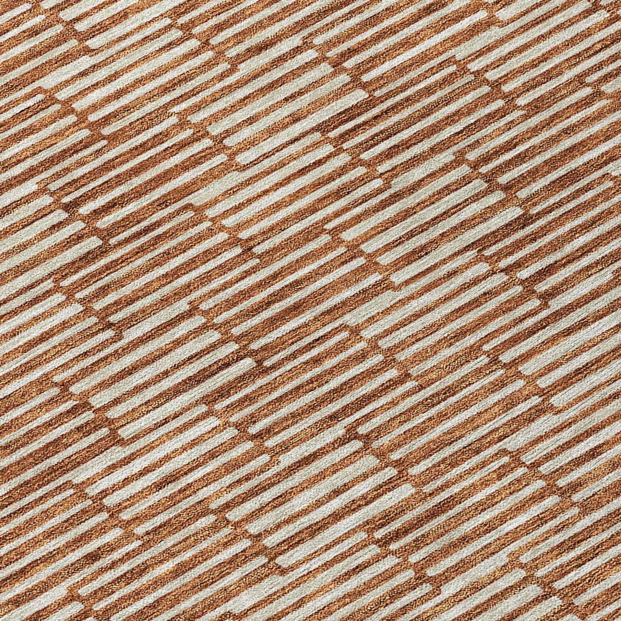8' Copper And Beige Round Geometric Washable Indoor Outdoor Area Rug