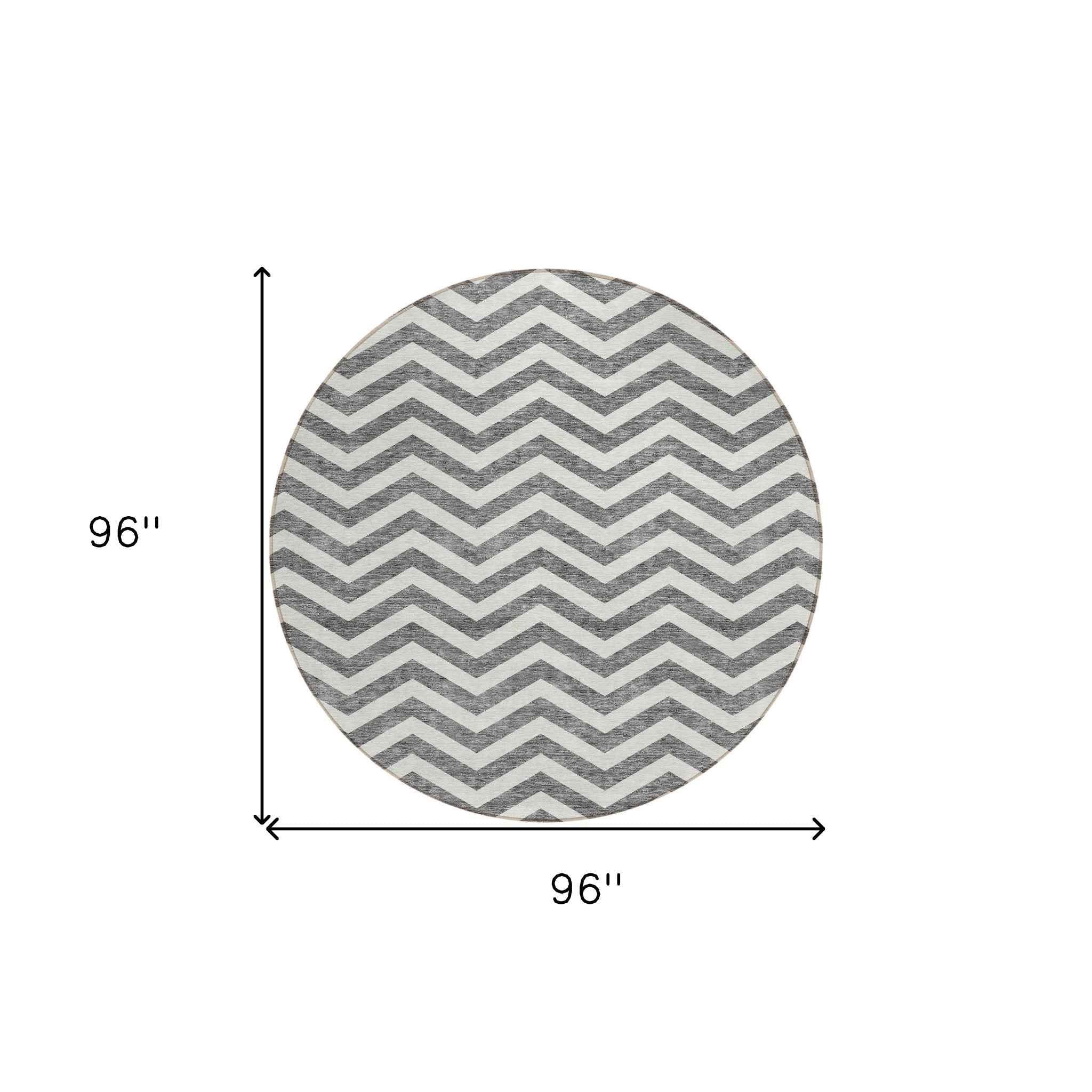8' Gray And Ivory Round Chevron Washable Indoor Outdoor Area Rug