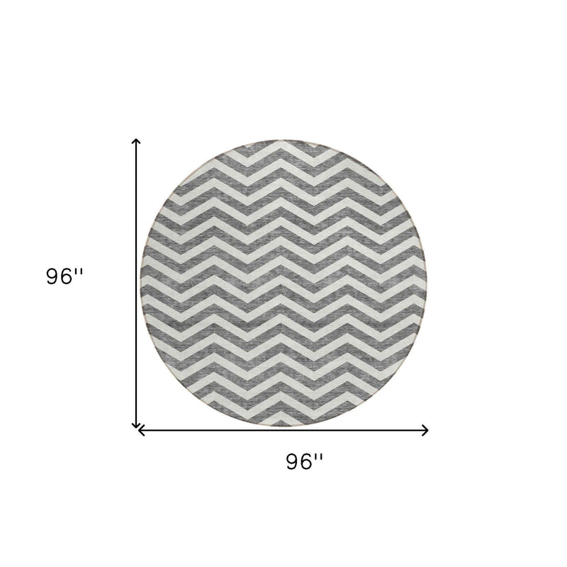 8' Gray And Ivory Round Chevron Washable Indoor Outdoor Area Rug