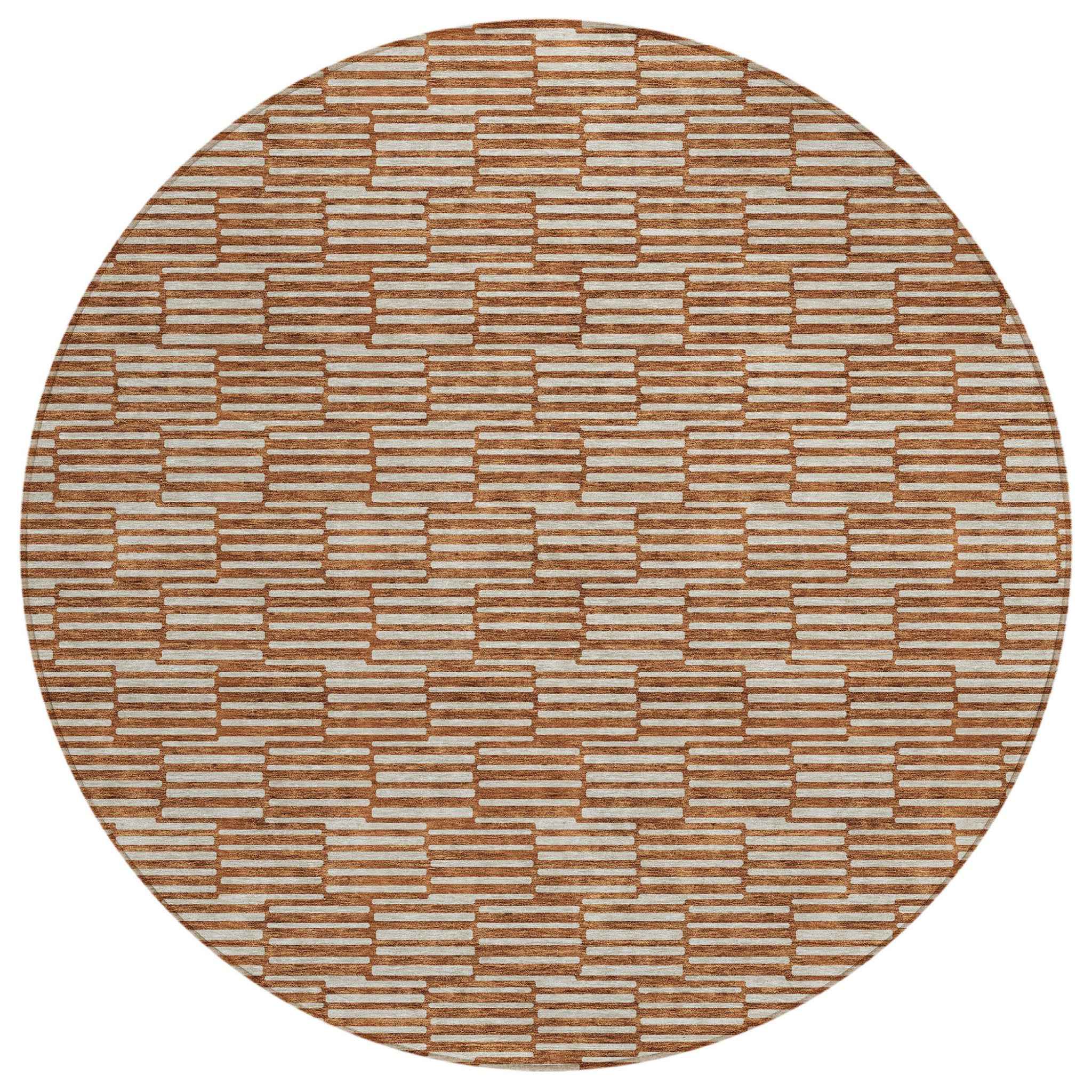 8' Copper And Beige Round Geometric Washable Indoor Outdoor Area Rug