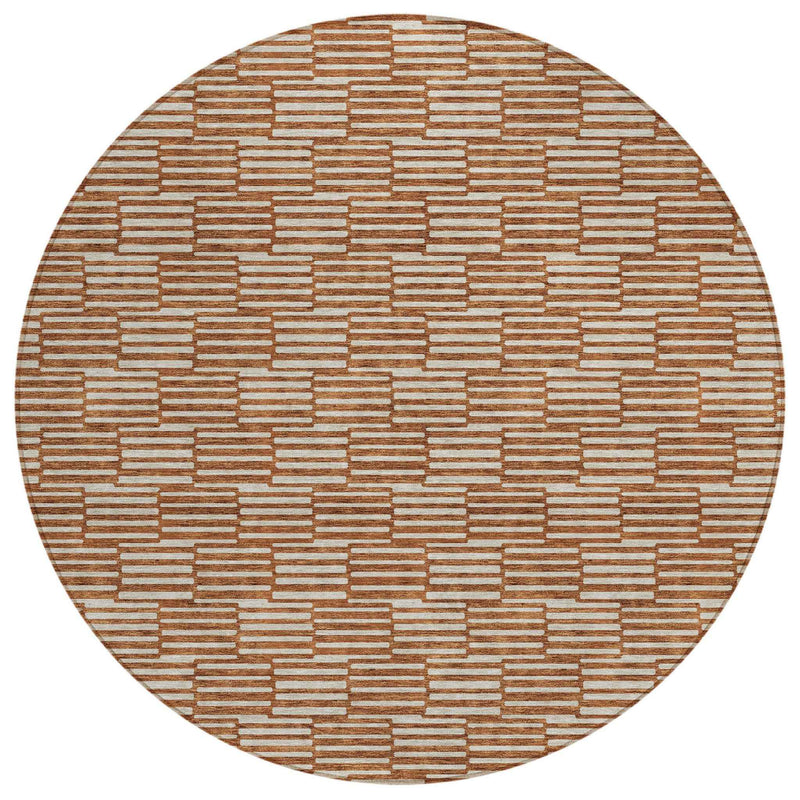 8' Copper And Beige Round Geometric Washable Indoor Outdoor Area Rug