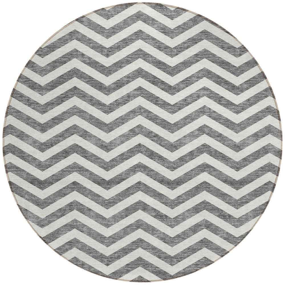 8' Gray And Ivory Round Chevron Washable Indoor Outdoor Area Rug