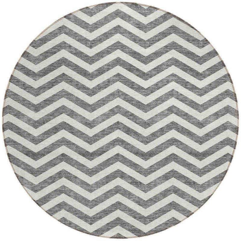 8' Gray And Ivory Round Chevron Washable Indoor Outdoor Area Rug