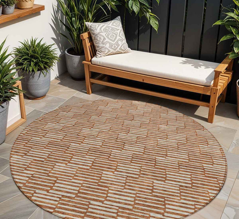 8' Copper And Beige Round Geometric Washable Indoor Outdoor Area Rug
