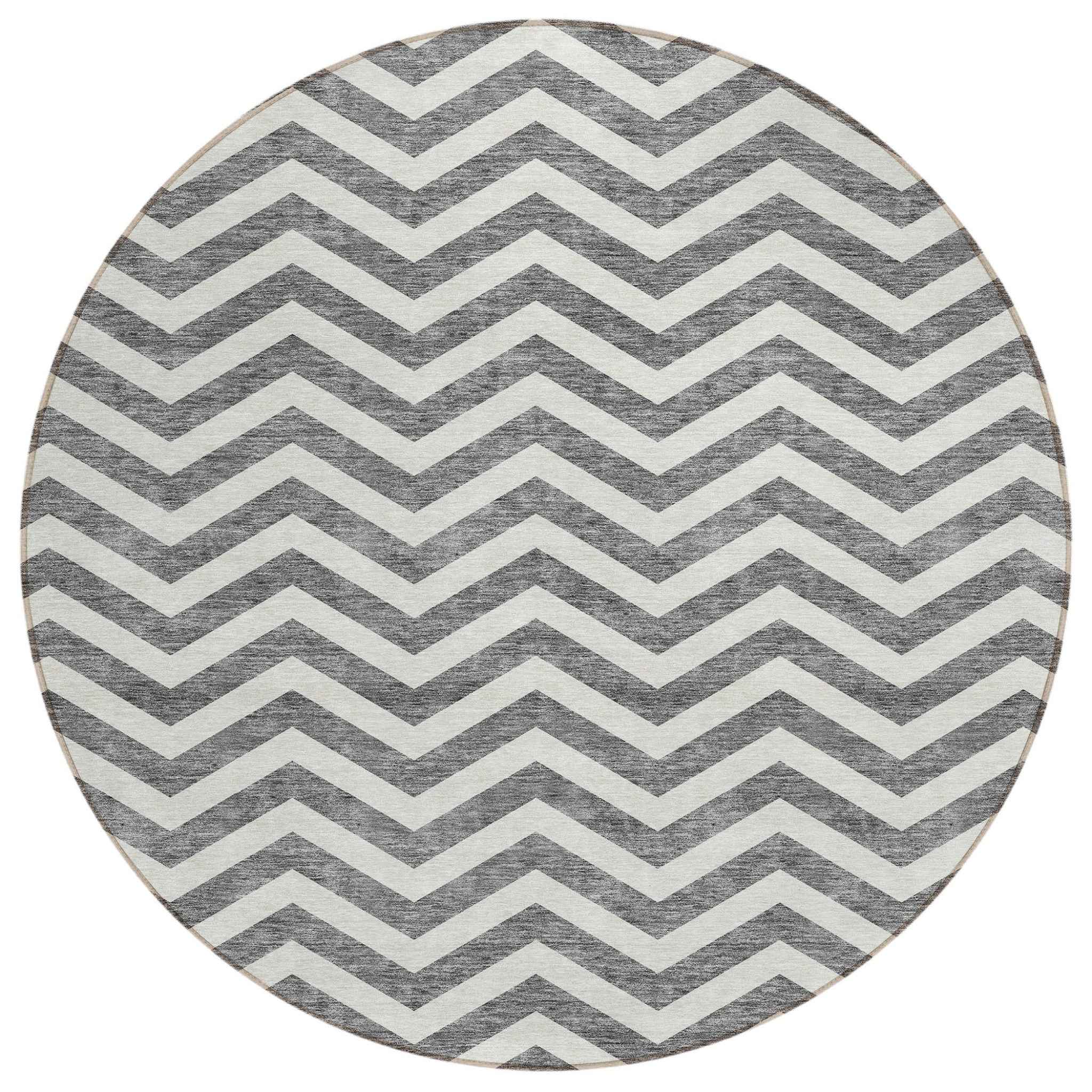 8' Gray And Ivory Round Chevron Washable Indoor Outdoor Area Rug