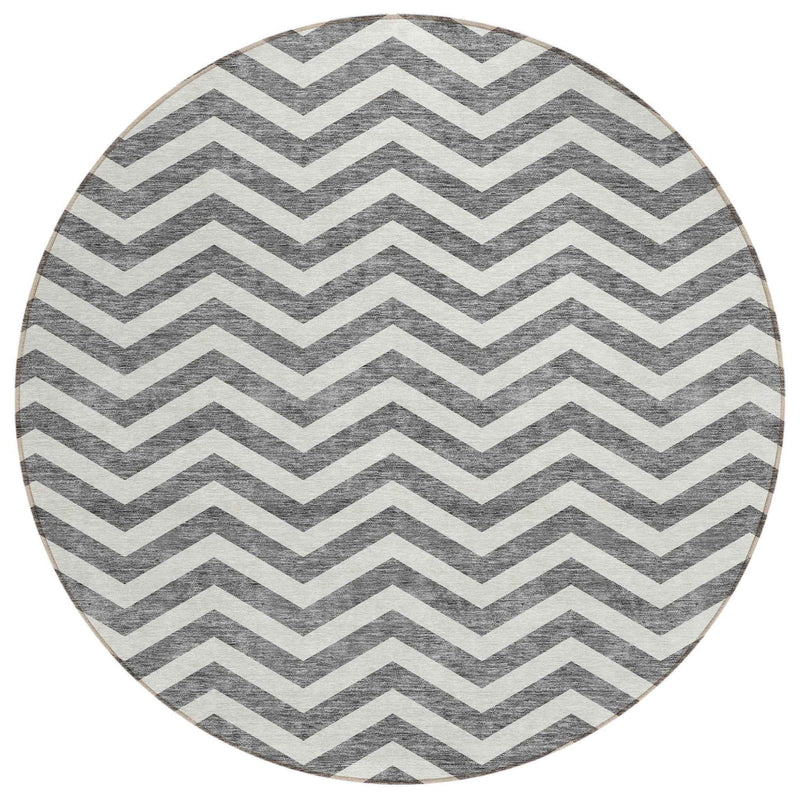 8' Gray And Ivory Round Chevron Washable Indoor Outdoor Area Rug