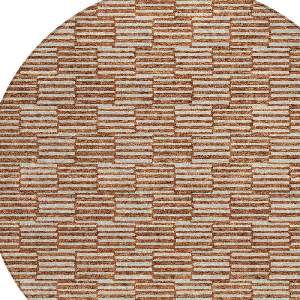 8' Copper And Beige Round Geometric Washable Indoor Outdoor Area Rug