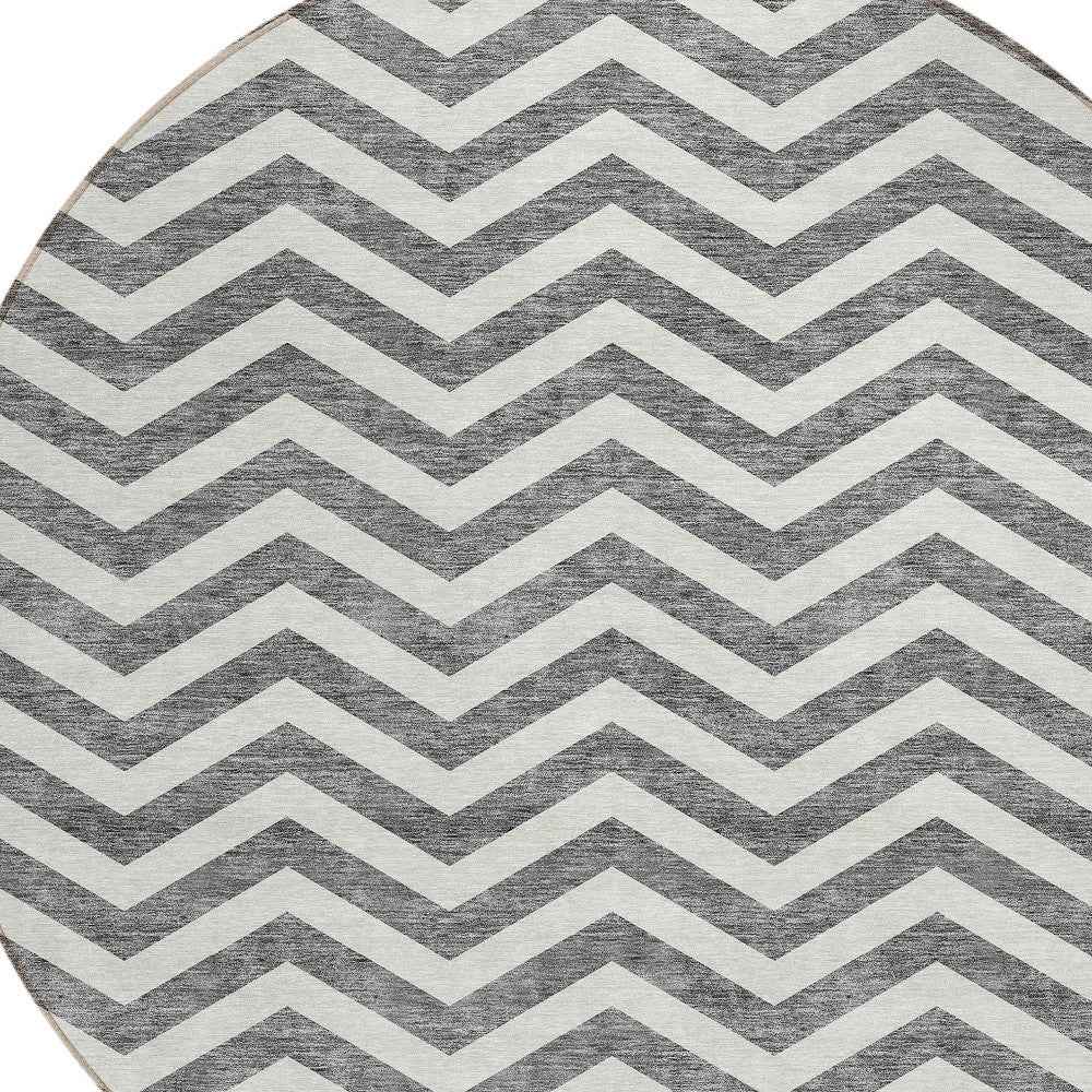 8' Gray And Ivory Round Chevron Washable Indoor Outdoor Area Rug