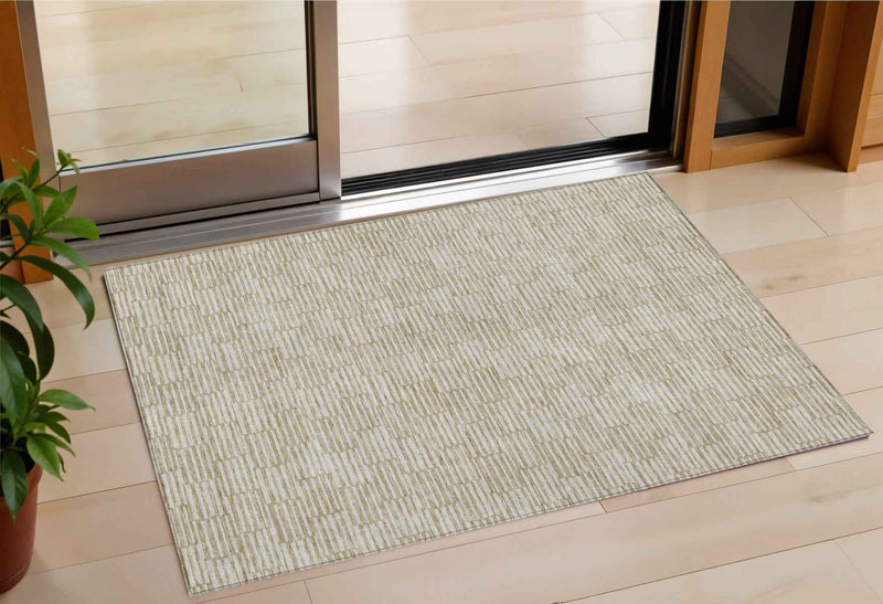 3' X 5' Beige And Ivory Geometric Washable Indoor Outdoor Area Rug