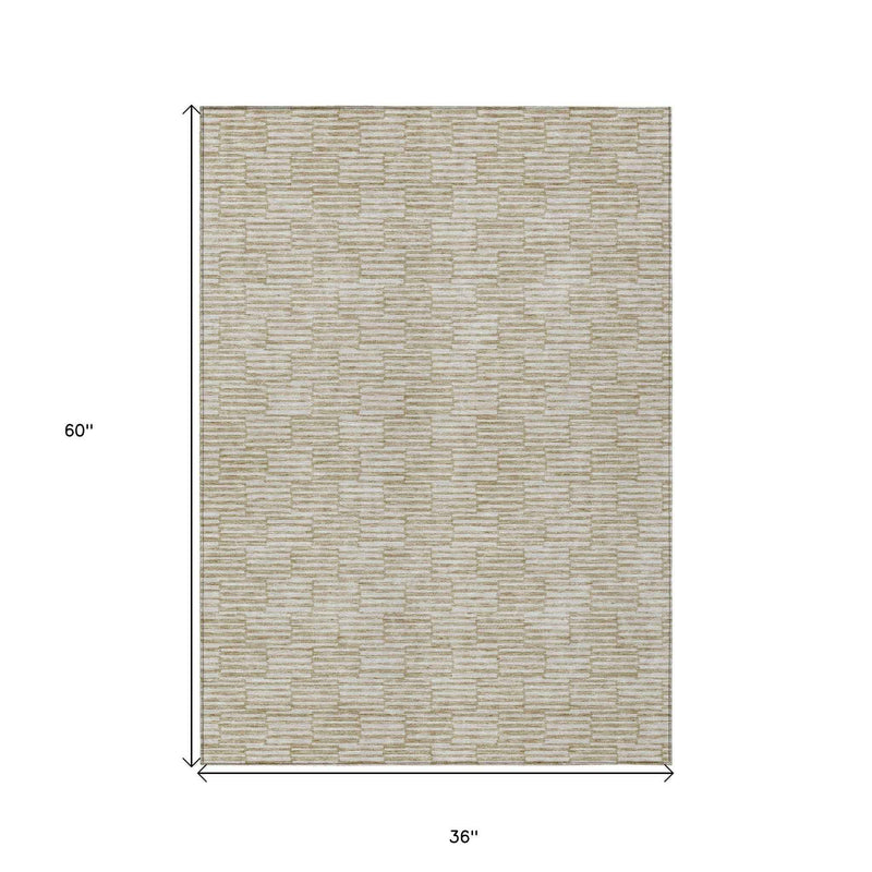 3' X 5' Beige And Ivory Geometric Washable Indoor Outdoor Area Rug