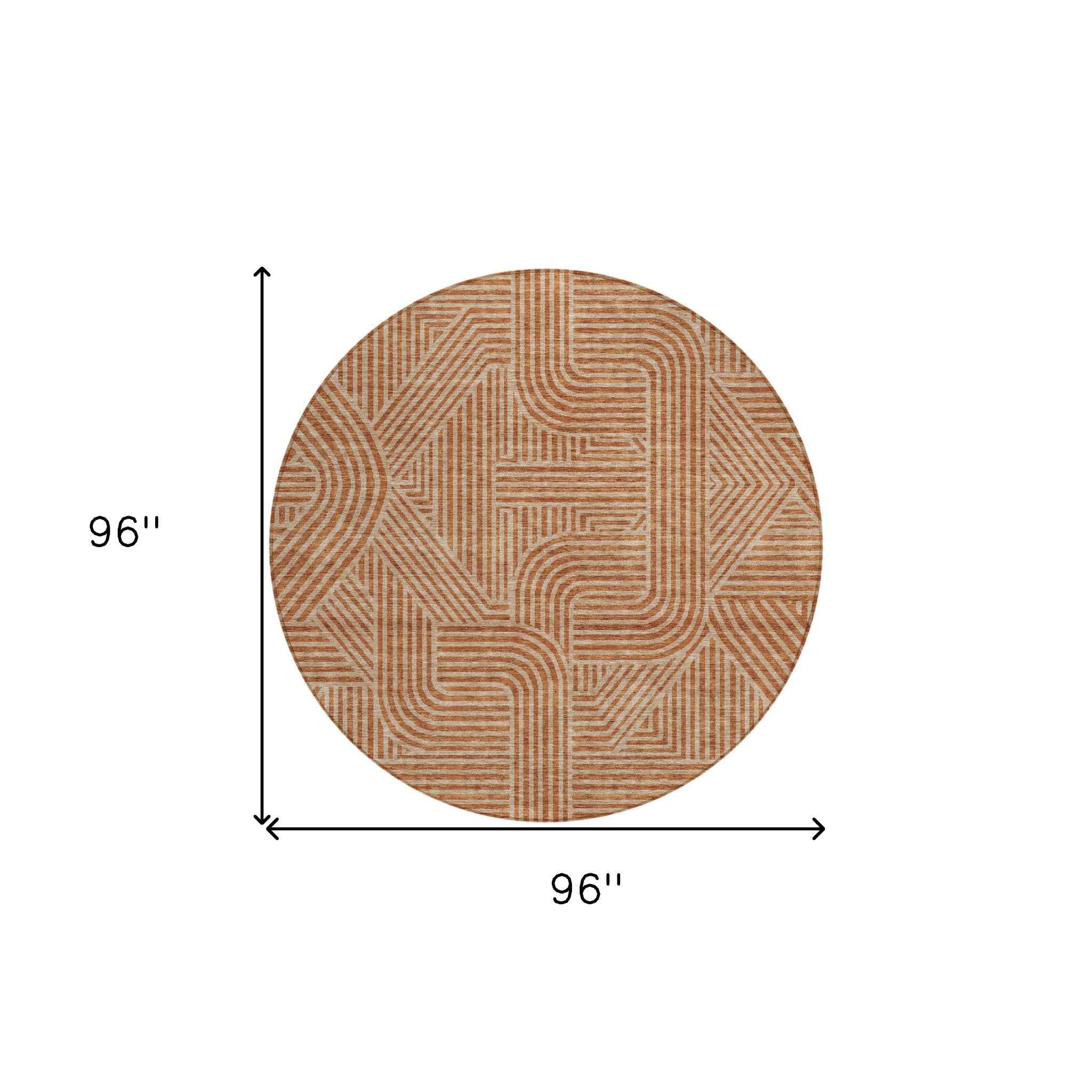 8' Terra Cotta And Brown Round Abstract Washable Indoor Outdoor Area Rug