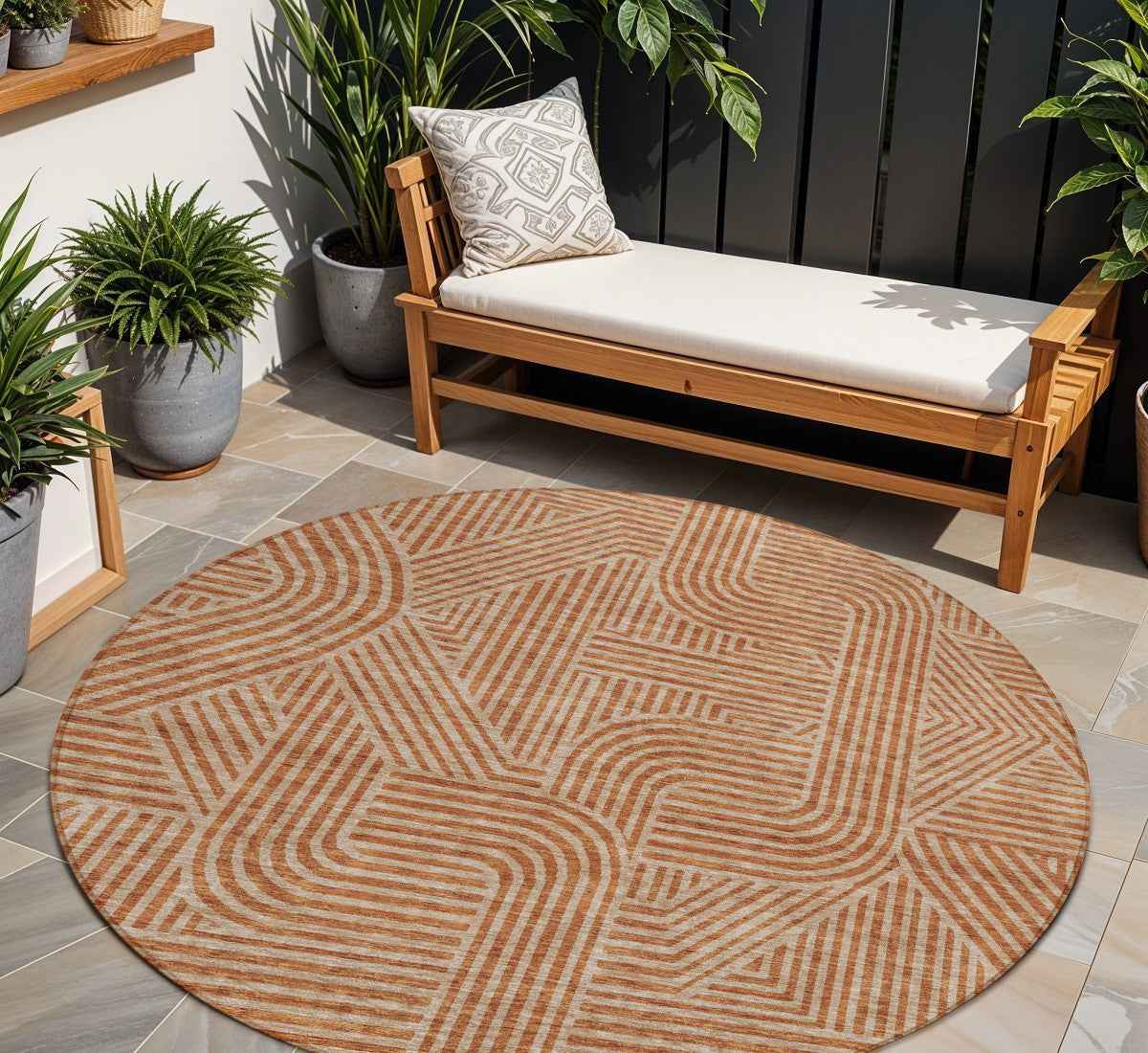 8' Terra Cotta And Brown Round Abstract Washable Indoor Outdoor Area Rug