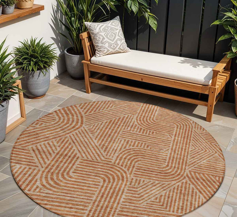 8' Terra Cotta And Brown Round Abstract Washable Indoor Outdoor Area Rug