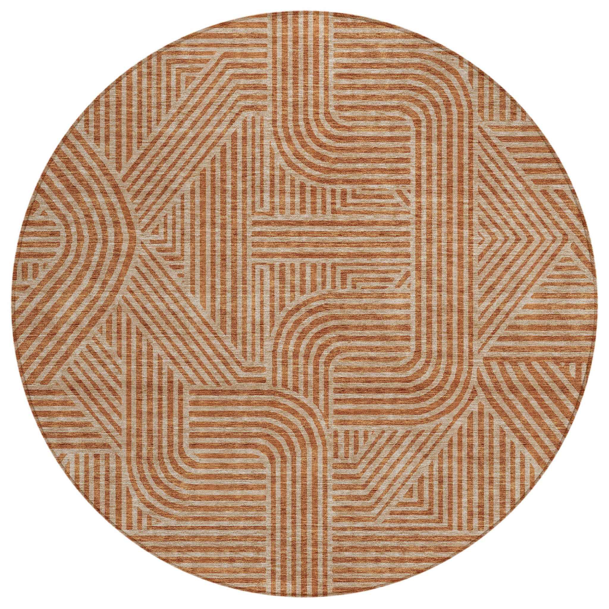 8' Terra Cotta And Brown Round Abstract Washable Indoor Outdoor Area Rug