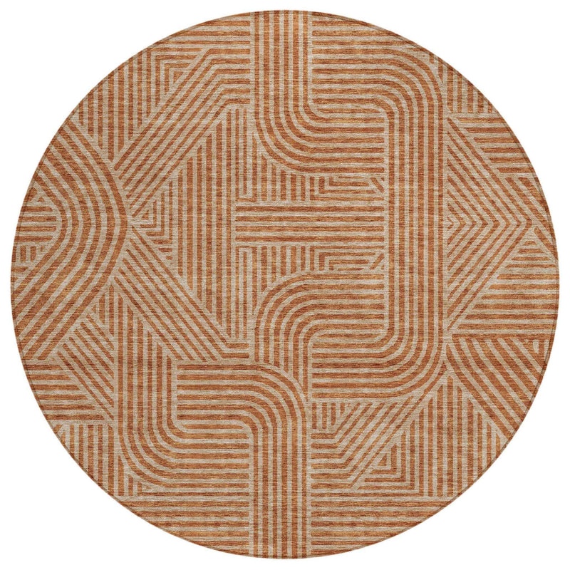 8' Terra Cotta And Brown Round Abstract Washable Indoor Outdoor Area Rug
