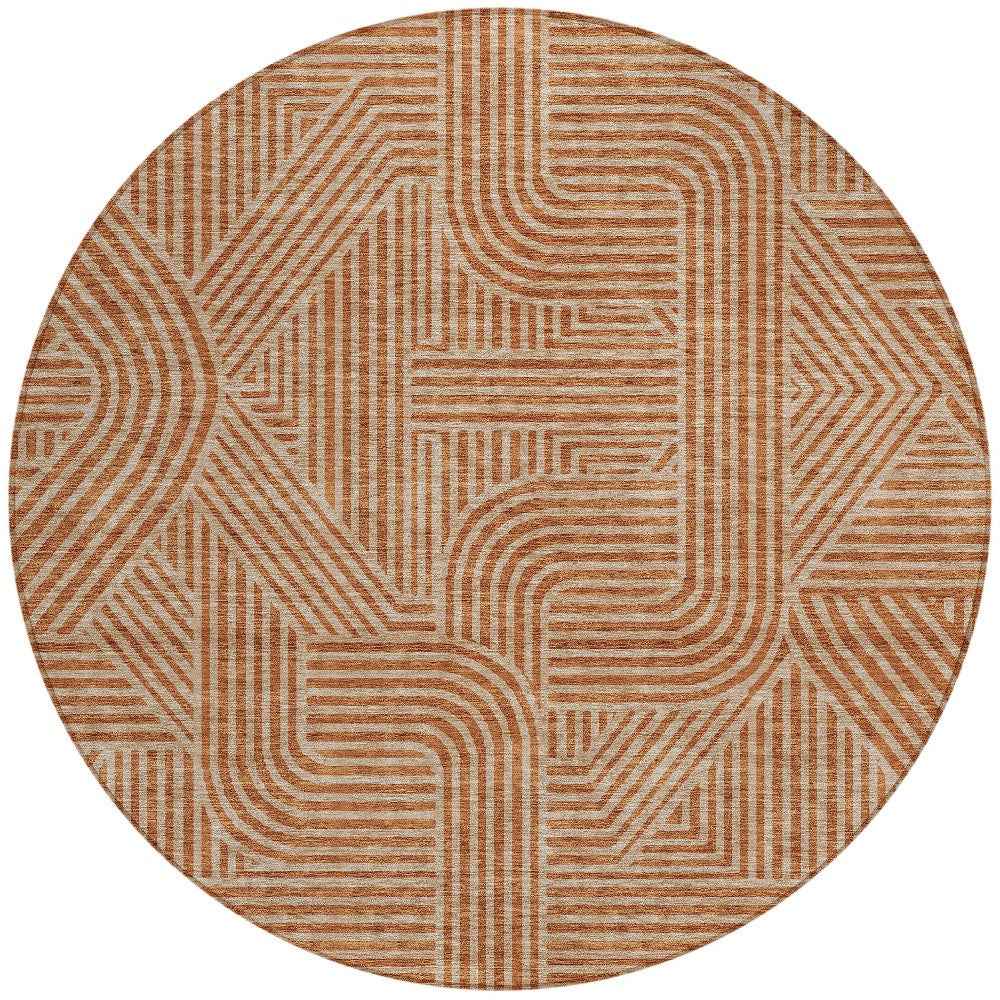 8' Terra Cotta And Brown Round Abstract Washable Indoor Outdoor Area Rug