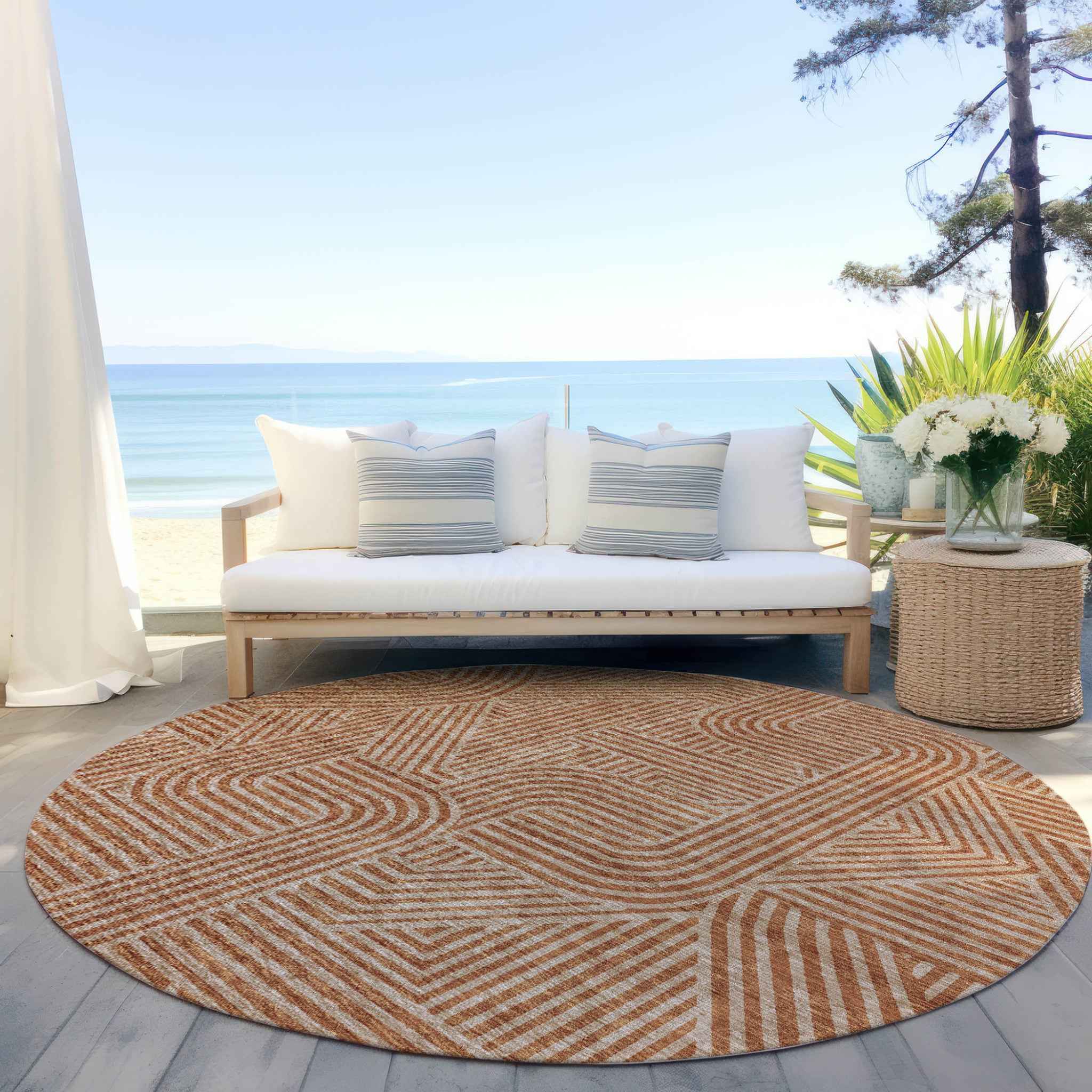 8' Terra Cotta And Brown Round Abstract Washable Indoor Outdoor Area Rug