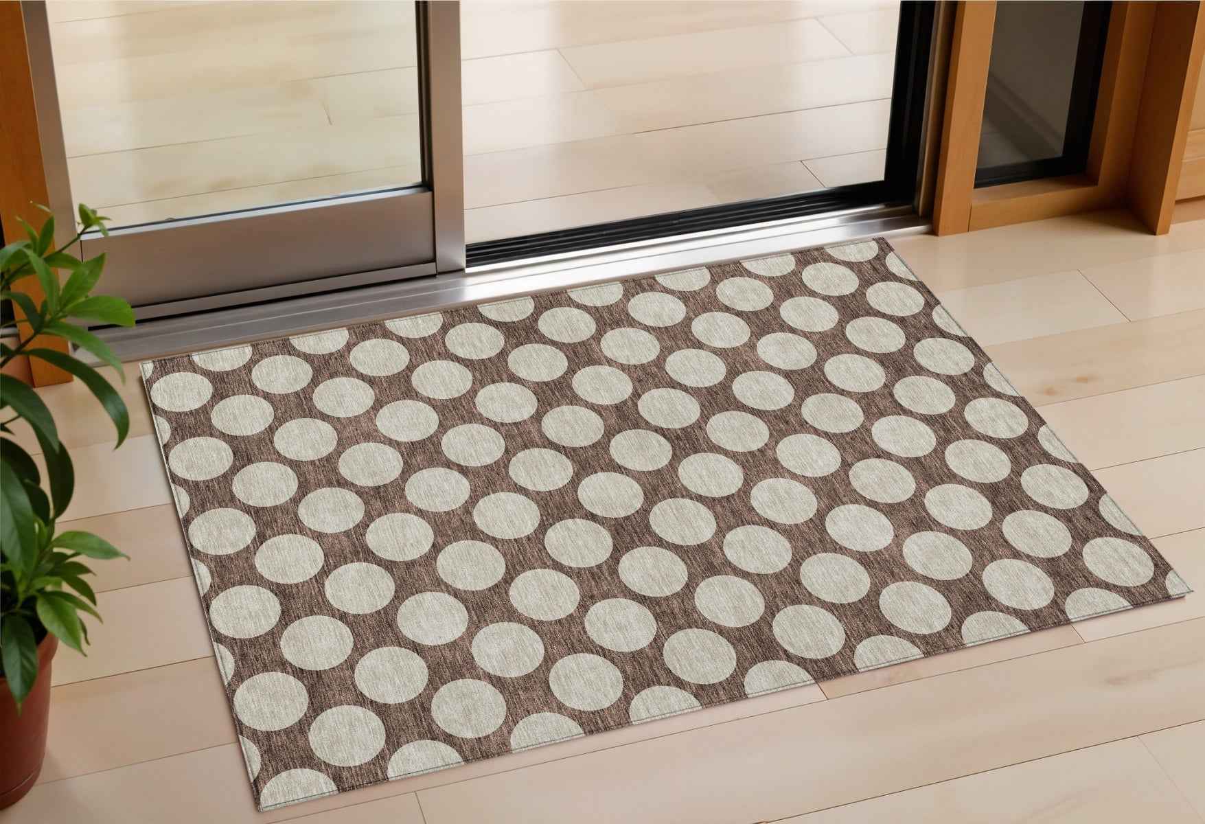 3' X 5' Brown And Beige Polka Dot Washable Indoor Outdoor Area Rug