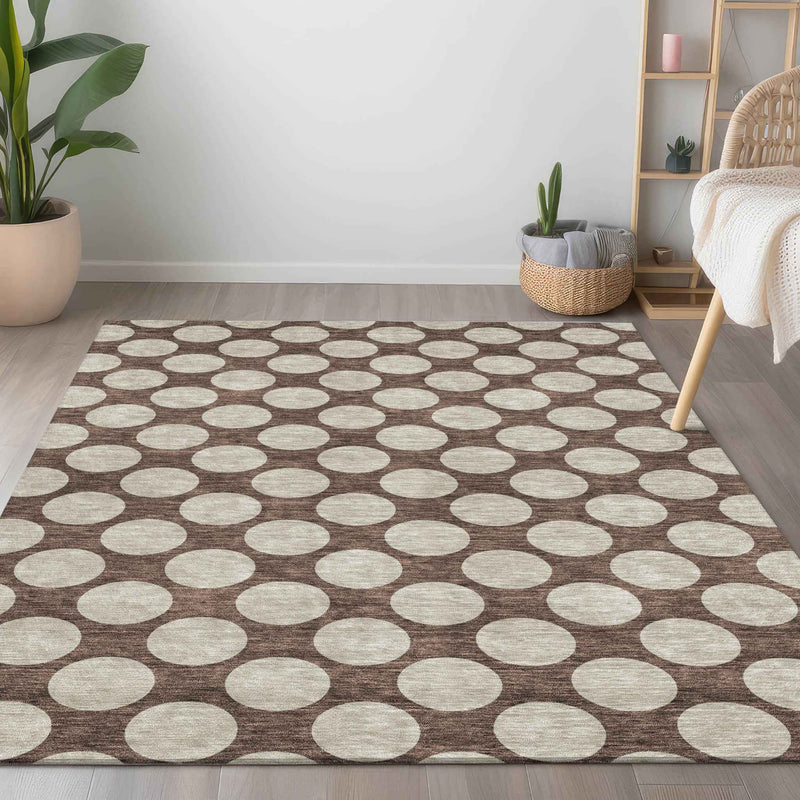 3' X 5' Brown And Beige Polka Dot Washable Indoor Outdoor Area Rug
