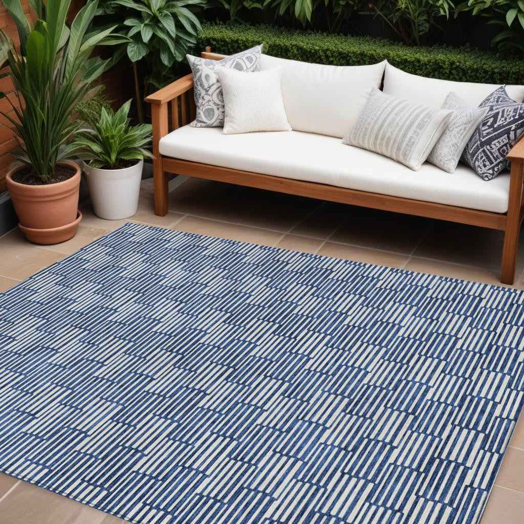 9' X 12' Navy Blue And Ivory Geometric Washable Indoor Outdoor Area Rug