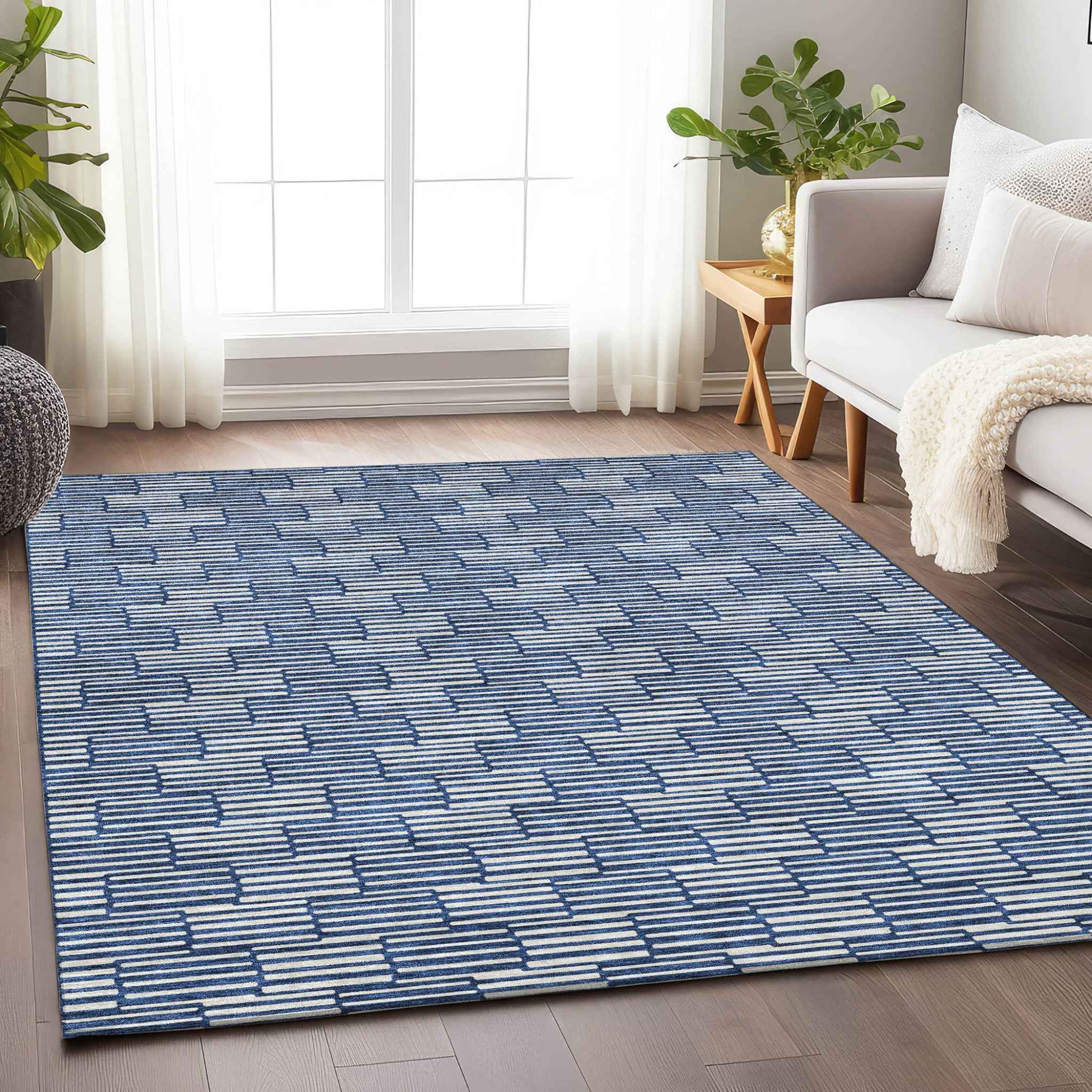 9' X 12' Navy Blue And Ivory Geometric Washable Indoor Outdoor Area Rug